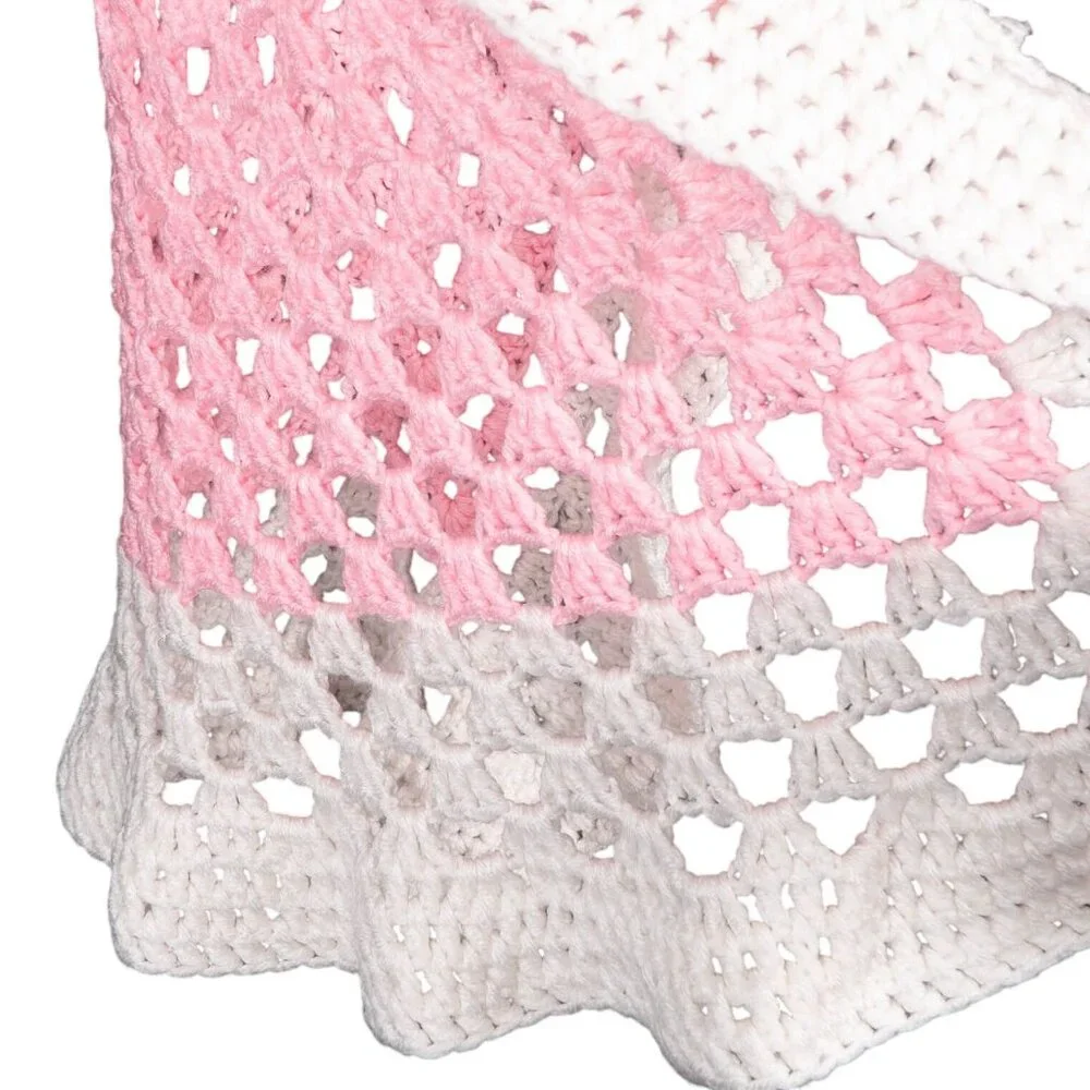 Handmade Crochet Baby Blanket Pink White Soft Open Knit Nursery Decor